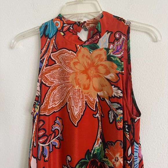 Anthropologie Maeve Silk Midi Dress Larkhill XS Mod Orange Floral Swing Flowy - Picture 3 of 13